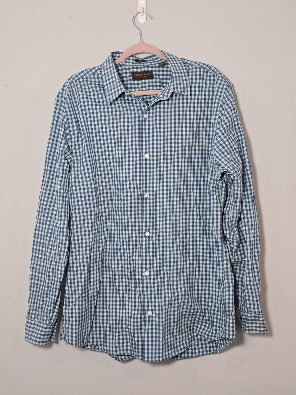 Fairlane & Sons Wrinkle Free Blue Aqua Gingham Cotton Button Down Shirt Men's XL